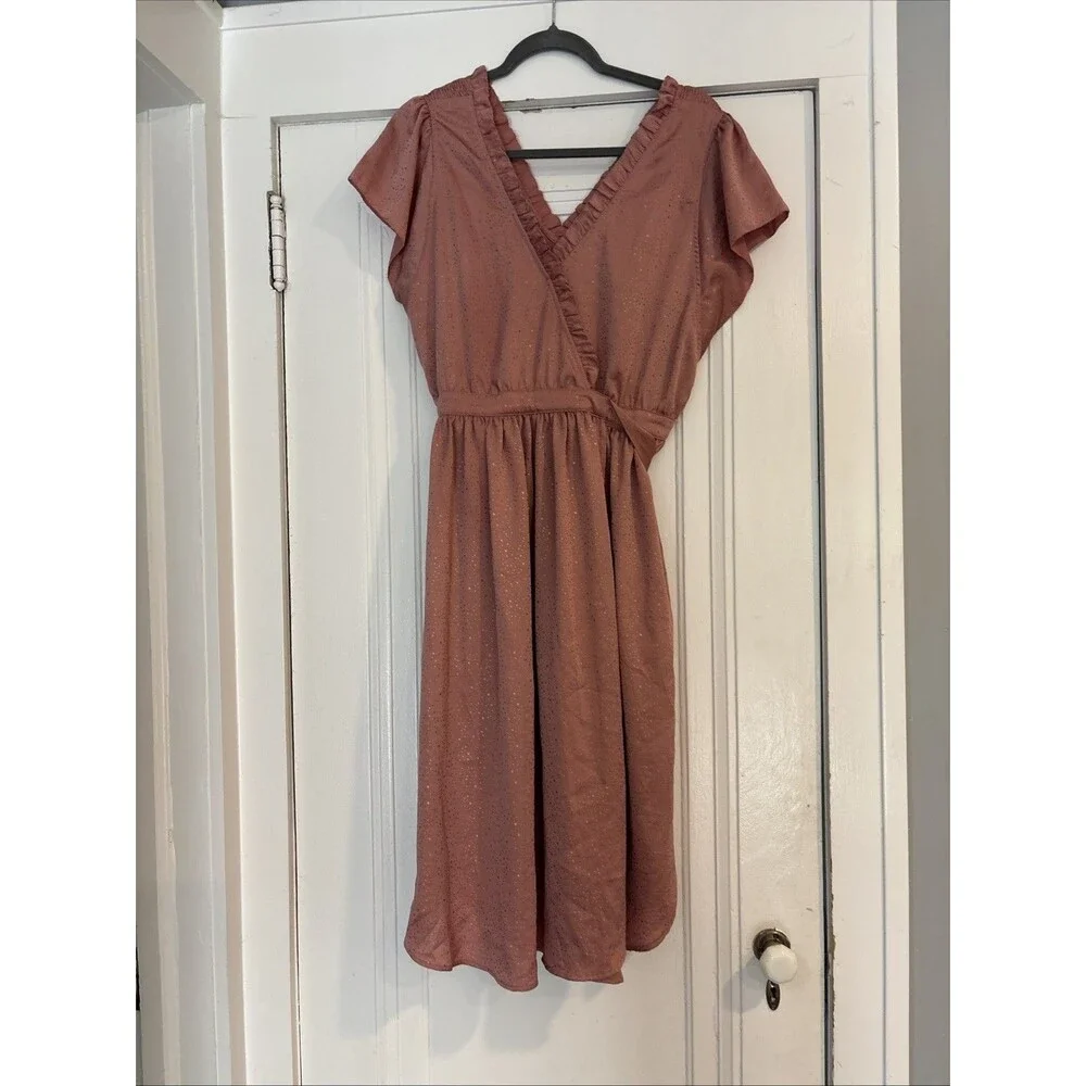 Current Air Los Angeles Pink Blush Gold Fleck Ruffle Wrap Dress Small EUC